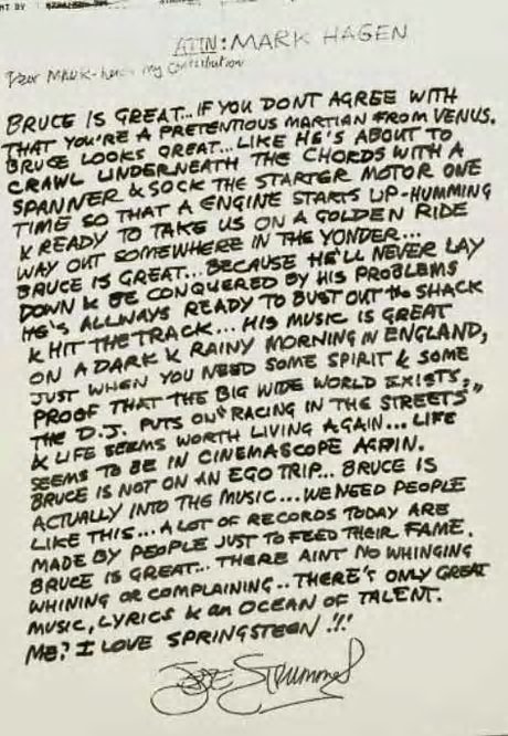 Joe Strummer's letter about Bruce Springsteen